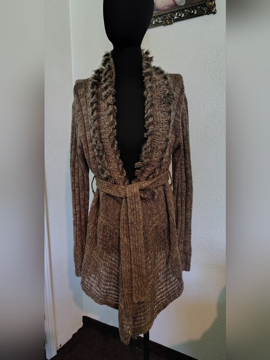 RXB Sweaters - RXB Brown Wool Blend Faux-Fur Trim Belted Boho Cardigan Sweater Women Teen Large